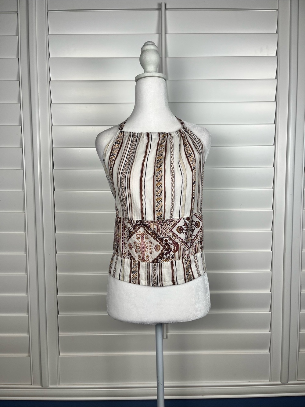 Boho Halter Tank Top in Cream and Brown Size EST Xsmall